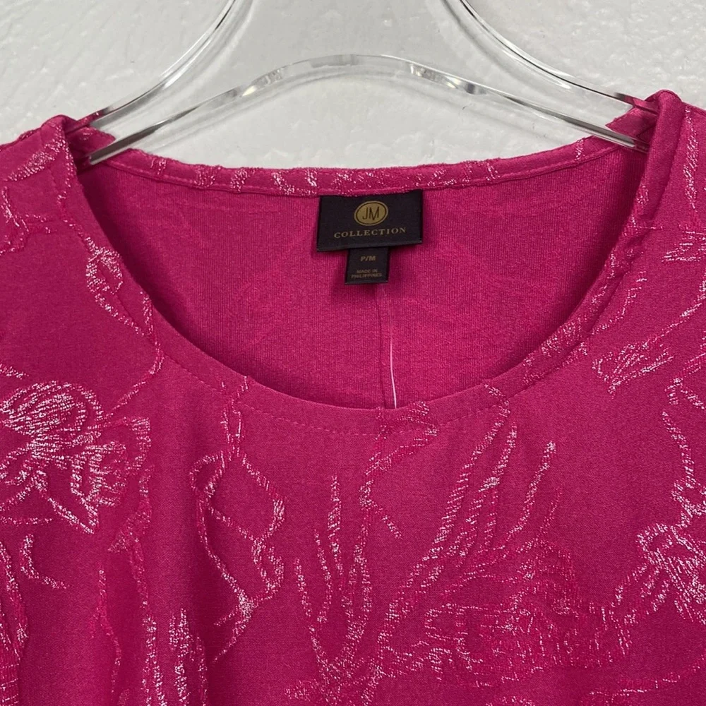 JM Collection Pink Textured Glitter Floral Elbow Sleeve Scoop Neck Top P… - Picture 6 of 9